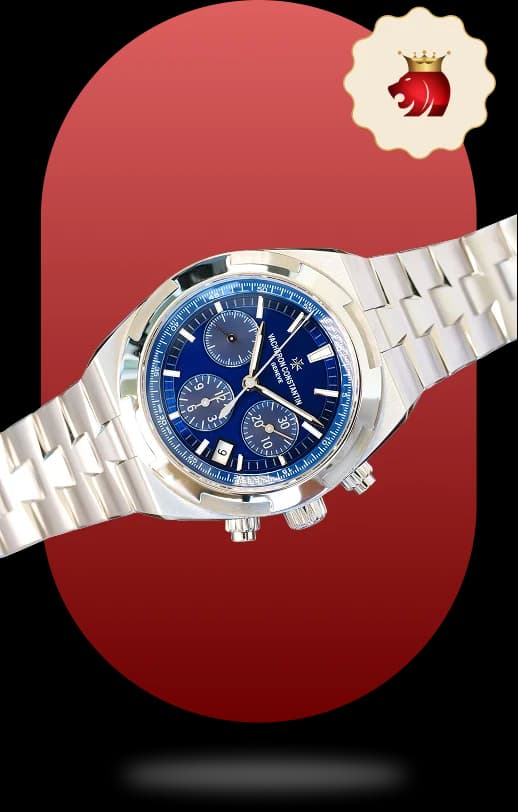Luxury blue-dial watch on a red gradient background